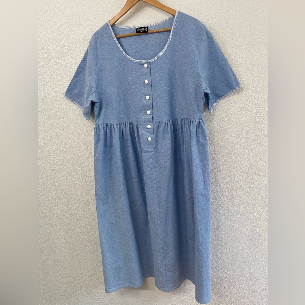 Blue Chambray High Waisted Button-Front Dress